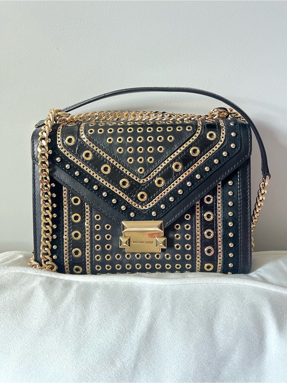 Michael Kors Whitney Black Leather Studded Grommet Chain Shoulder Crossbody Bag - Picture 3 of 14